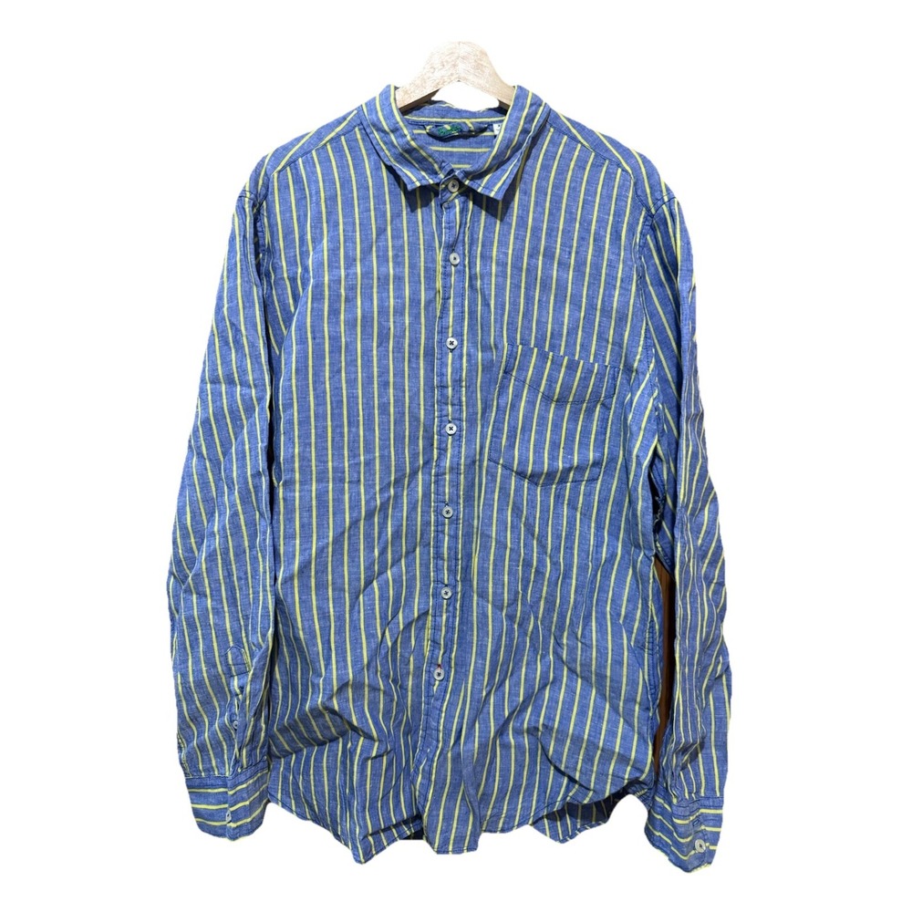 Boden Men's Blue Yellow Striped Long Sleeve 100% Linen‎ Button Front Size XL EUC